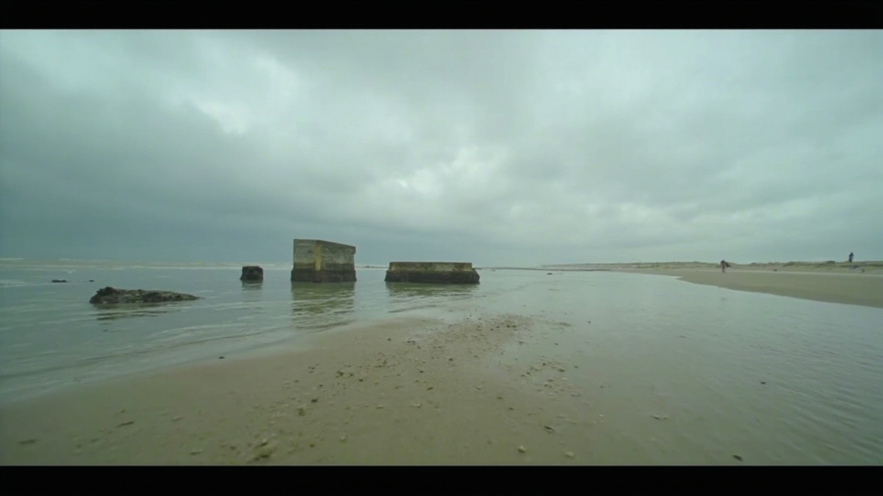 Omaha Beach Normandy coastline at low tide with American cemetery memorial cross