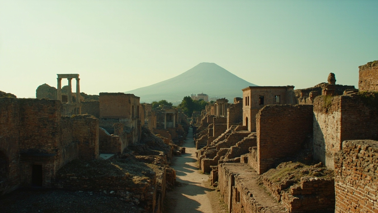 Pompeii archaeological ruins with Vesuvius in the background
